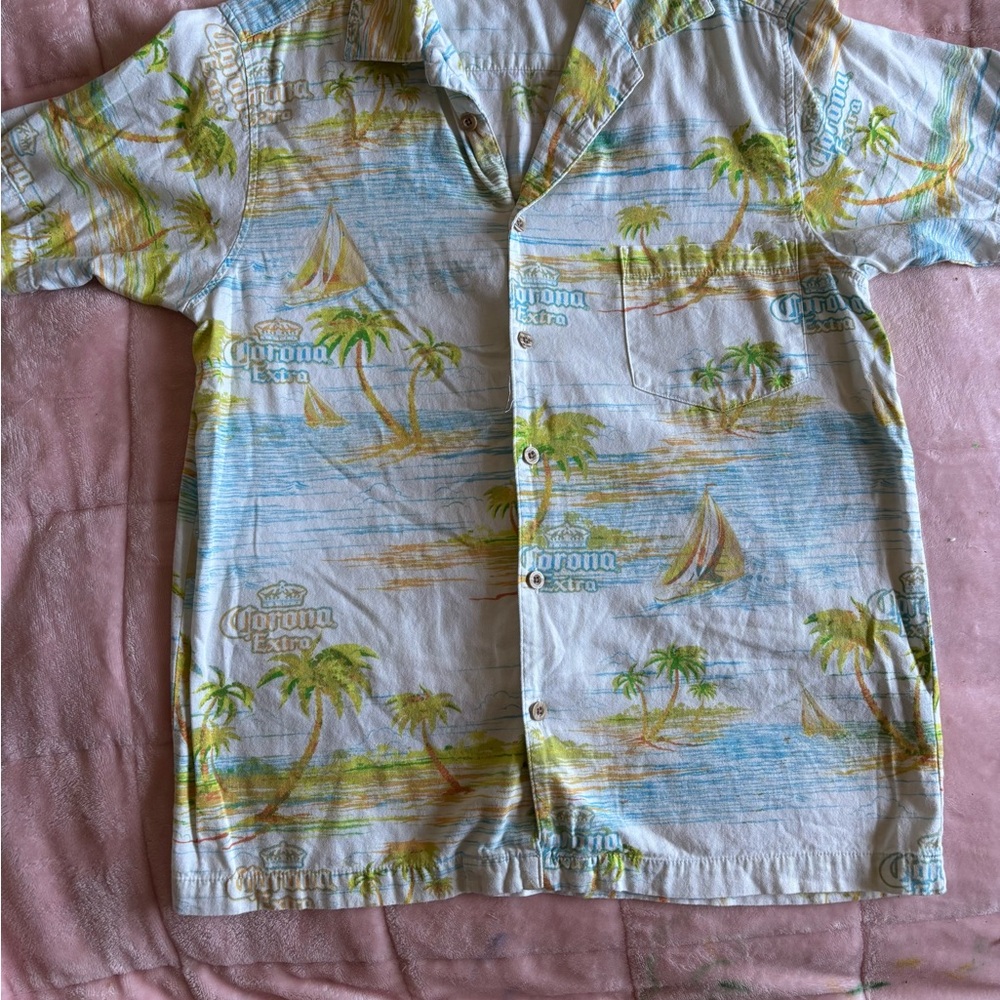 Newport Blue Corona Hawaiian Shirt Palm Tree Sailboat Size Small